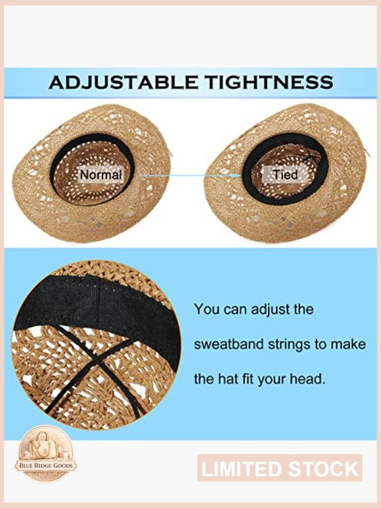 Straw Cowboy Hat Wide Brim Roll Up Sun Hat with Chin Strap Unisex